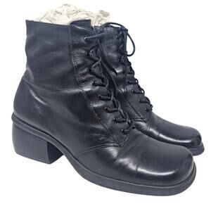 Vintage Y2K Nine West 9 Black Leather Lace Up Chunky Boot Square Toe Grunge